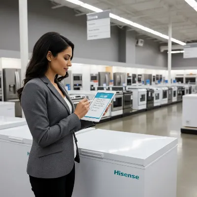 A person evaluating features of a Hisense 5.0 Cu Ft chest freezer.
