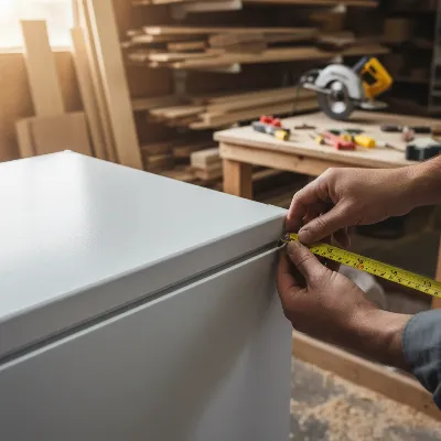 A person meticulously measuring a chest freezer before building a custom wood cabinet to hide it, emphasizing precision.