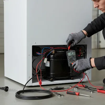 Technician inspecting a chest freezer compressor with tools
