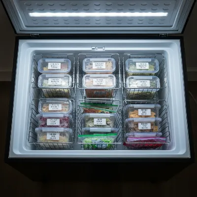Organized black chest freezer with food containers and baskets for efficient storage.