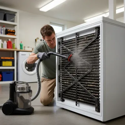 A person cleaning condenser coils of a chest freezer with a vacuum attachment