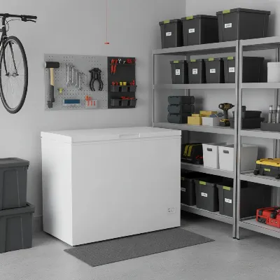 Danby 7.2 Cu Ft chest freezer in a well-organized garage setting, highlighting its garage-ready design with ambient temperature tolerance.