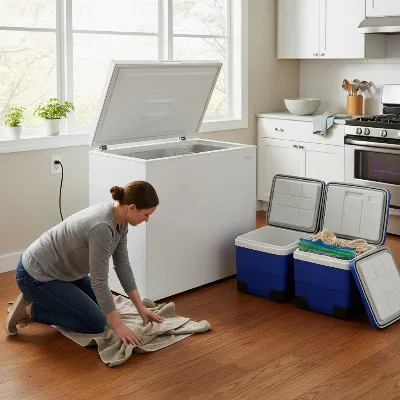 Preparing a chest freezer for defrosting with towels and empty coolers nearby