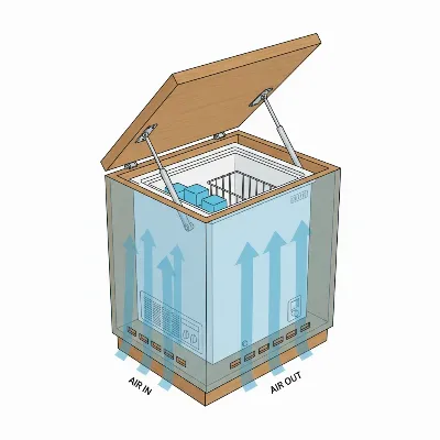 A detailed illustration of a custom wooden chest freezer cabinet, highlighting essential ventilation gaps and gas struts for lid support.