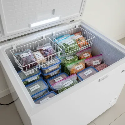 A Magic Chef 7 Cu Ft chest freezer filled with organized frozen food, showing LED light and baskets
