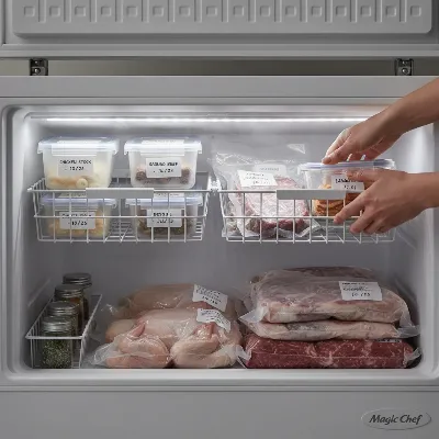 A person organizing a Magic Chef chest freezer, placing labeled containers and using baskets