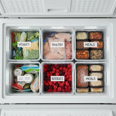 An open chest freezer with clearly organized food in labeled baskets