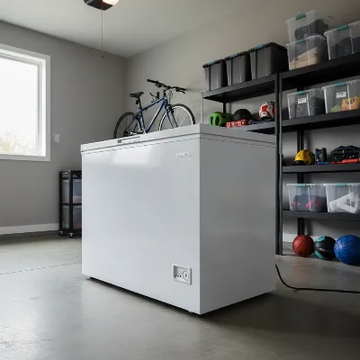 A large white chest freezer placed in a spacious garage with storage shelves in the background, illustrating its space consumption.