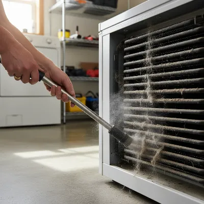A person cleaning dusty condenser coils on the back of a chest freezer with a vacuum cleaner. Focus on the coils and the action of cleaning.