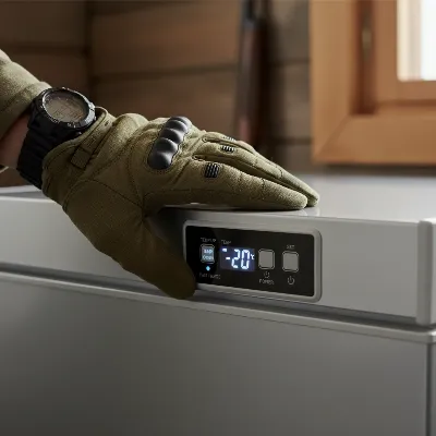 A hunter adjusts digital temperature controls on a modern large capacity chest freezer, showing precision for game meat storage.