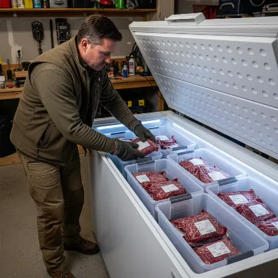 A hunter carefully arranging vacuum-sealed game meat into organized bins within a large capacity chest freezer.