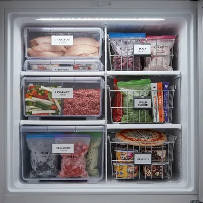 An organized chest freezer interior with clearly labeled food containers and baskets, demonstrating smart food arrangement.