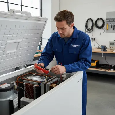 A professional appliance technician inspecting the internal components of a chest freezer, holding a tool.